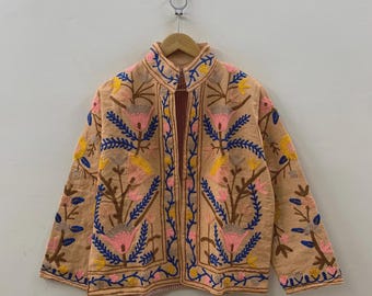 Beige Cotton Suzani Summer Short Jacket | Handmade Embroidered Boho Coat | Floral Ethnic Jacket | Festival Bohemian Outerwear |Gift for Her