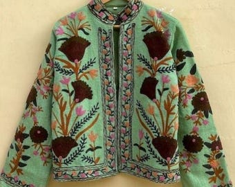 Green Suzani TNT Fabric Short Boho Jacket | Long Sleeve Button Winter Coat | Short Jacket | Spring Bomber Jacket | Gift For Her | TNT Coat