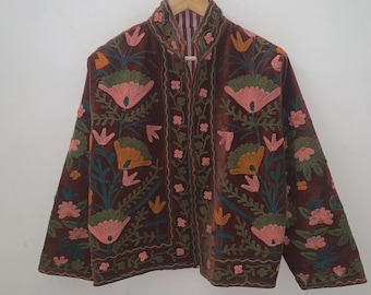 Boho Suzani Velvet Kimono Jacket | Embroidered Short Jacket | Vintage Ethnic Outerwear | Cropped Coat Fit | Winter Wear | Gift for Her