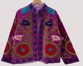 Pink Suzani Velvet Short Boho Jacket | Indian Embroidery Jacket |Winter Wear Women's Jacket Coat | Suzani Coat | Gift For Her |Duster Jacket