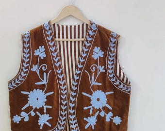 Suzani Velvet Vest – Hand-Embroidered Floral Sleeveless Jacket|Vintage-Inspired Boho Festival Waistcoat | Bohemian Layer |Ethnic Gypsy Vest