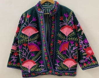 Handmade Velvet Embroidery Suzani Jacket | Boho Coat | Unisex Bridesmaid Coat | Winter Jacket | Kimono Robe, Duster Jacket, Gift For Her