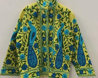 Vintage Cotton Suzani Boho Embroidered Coat |Bomber Coat |Ethnic Floral Peacock Jacket |Colorful Festival Clothing |Bohemian Outerwear|Gift
