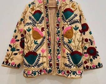 Floral Suzani Velvet Short Jacket – Boho Embroidered Coat- Winter Coat - Uzbek Travel Jacket, Festival Jacket Style Outerwear -Street Jacket