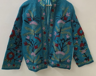 Blue TNT Suzani Short Jacket | Vintage Boho Embroidered Coat | Ethnic Uzbek Textile |Festival Kimono Jacket | Warm Outerwear |Gift For Her