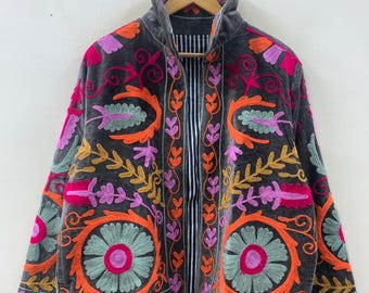 Boho Suzani Embroidered Velvet Jacket | Vintage Style Winter Coat | Traditional Suzani Coat | Statement Embroidered Coat