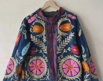 Blue Suzani Velvet Short Jacket | Vintage Winter Coat | Short Ethnic Jacket | Spring Bomber Jacket | Gift For Her | Suzani Outerwear