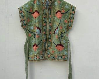 Green Velvet Suzani Embroidered Vest with Belt | Boho Festival Waistcoat | Ethnic Jacket | Sleeveless Bohemian Layer | Gypsy Vest