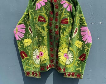 Suzani Embroidered Velvet Winter Jacket | Handmade Short Festival Coat | Ethnic Bohemian Outerwear | Winter Kimono Jacket | Gift For Wife