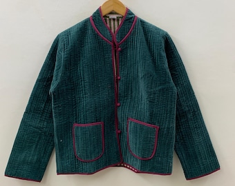 Green Velvet Quilted Solid Short Jacket | Velvet Coat | Buttoned Velvet Jacket | Quilted Boho Blazer | Winter Bomber Coat | Duster Jacket