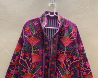 Vintage Suzani Embroidered Velvet Jacket |Pink Jacket | Bomber Hippie Jacket | Winter Warmed Coat | Gift For Her |Duster Short Floral Jacket
