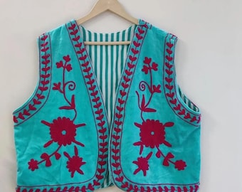 Blue Suzani Vest | Boho Embroidered Waistcoat |Gift For Her | Sleeveless Ethnic Jacket | Vintage Suzani Gilet | Festival Boho Clothing