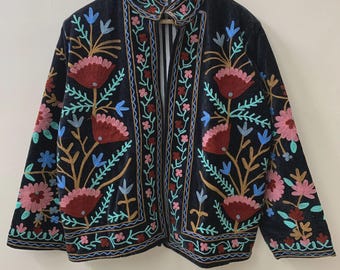 Boho etnische Suzani fluwelen cropped winterjas | Traditionele boho-festivaljas | Handgemaakte geborduurde kimono-bovenkleding | Cadeau voor haar