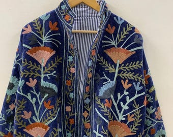 Blå sammetsbroderad Suzani-jacka | Suzani Dusterjacka | Vinterkimonojacka | Bomberjacka, morgonrock, present till henne | Gatumode