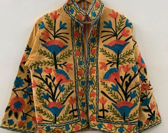 Velvet Suzani With Pocket Winter Short Jacket | Boho Floral Jacket | Bomber Jacket | Winter Warmed Coat | Gift For Her | Spring Jacket