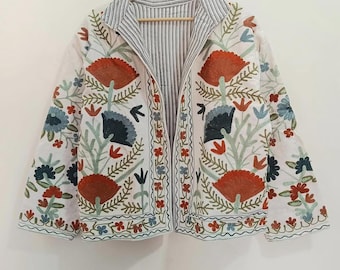 Suzani Embroidered Velvet Winter Jacket | Handmade Short Festival Coat | Ethnic Bohemian Outerwear | Winter Kimono Jacket | Gift For Wife