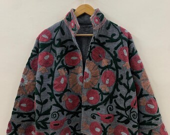 Grey TNT Fabric Suzani Jacket | Boho Coat| Gift For Her| Suzani Embroidery Jacket | Winter Wear Coat | Women's Coat | Suzani Short Jacket