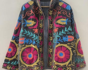 Suzani Embroidered Velvet Winter Jacket | Short Festival Coat | Ethnic Bohemian Outerwear | Winter Kimono Jacket | Gift For Wife