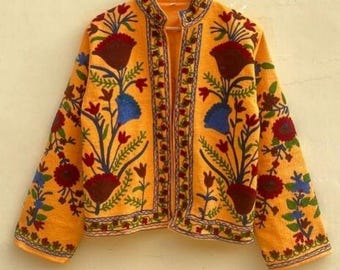 Velvet Suzani With Pocket Winter Short Jacket | Boho Floral Jacket | Bomber Jacket | Winter Warmed Coat | Gift For Her | Spring Jacket