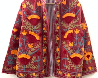 Suzani bestickte Samtjacke | Festival Jacke | Wintermantel | Lockere Boho-Jacke | Geschenk für Sie | Trachtenmantel | Handwerker-Jacke