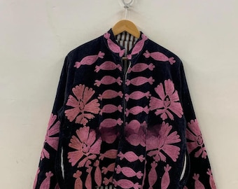 Black Velvet Suzani Winter Short Jacket |Boho Floral Jacket | Bomber Suzani Jacket | Winter Warmed Coat | Gift For Her | Duster Boho Coat
