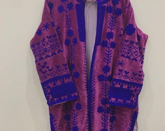 Paars Suzani kimonobadjas lang bohojack | Vintage geborduurde Oezbeekse textieljas