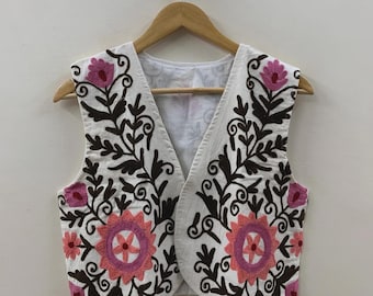Suzani Embroidered Cotton Vest: Boho Floral Waistcoat| Handmade Jacket | Cotton Inside | Layered Look  Vest | Street Style Vest | Gift Idea
