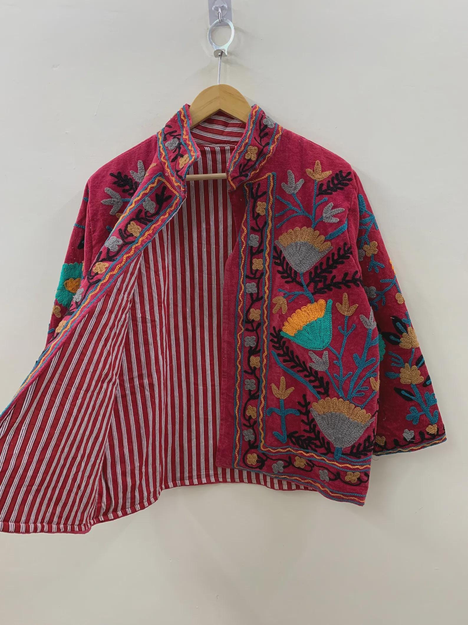 Boho Suzani Velvet Kimono Jacket | Hand Embroidered Short Coat