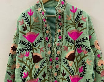 Green Suzani TNT Short Jacket | Suzani Embroidery Jacket | Winter Women's Jacket | Suzani Coat | Gift For Her | Duster Jacket | Bomber Coat