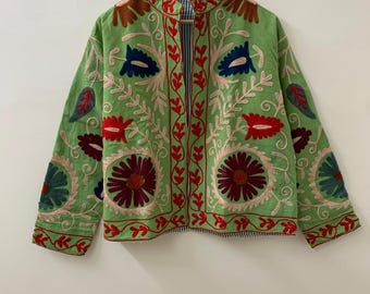 Green Suzani Cotton Short Coat, Women's Jacket, Indian Cotton Handmade Embroidery Coat, Suzani Cotton Boho Jacket, Gift For Her, Suzani Coat