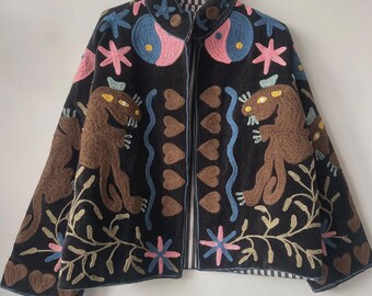 Suzani bestickte Samtjacke | Handgemachter Boho Festival Mantel | Ethnische Blumenjacke | Vintage Style Oberbekleidung | Warme Winter Jacke