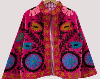 Red Suzani Velvet Short Jacket | Indian Suzani Embroidery Jacket | Winter Wear Women's Jacket | Suzani Coat | Gift For Her | Duster Jacket