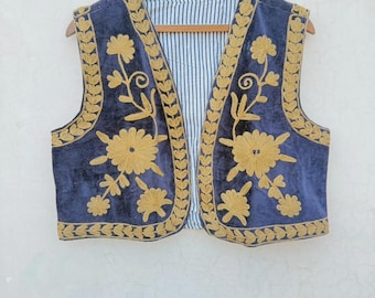 Bestickte Samtweste mit Blumenmuster | Türkisches Westentop | Kurze Weste | Ärmellose Jacke | Winterweste | Hochzeitsweste | Festliche Weste