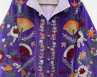 Purple Suzani Embroidery Jacket Batton Coat, Winter Suzani Jacket, Velvet Kimono Coat, Suzani Coat, Outerwear, Travel Jacket, Gift For Her