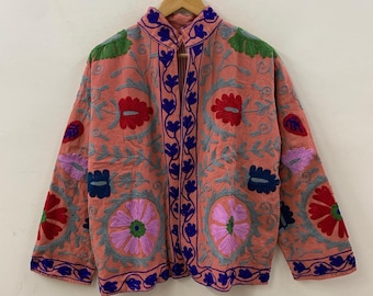 Kort zacht Suzani-jack van bohokatoen – Bohofestivaljas – Tribal geborduurde bovenkleding | Voorjaarsreisjas | Zomerjas | Cadeau voor haar