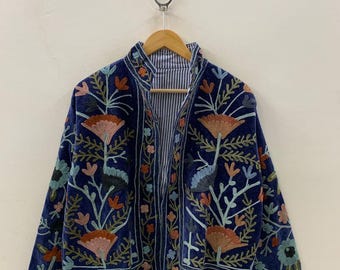 Blue Velvet Suzani Embroidery Jacket | Suzani Duster Jacket | Winter Kimono Jacket | Women's Bomber Coat, Robe, Gift For Her |Street Fashion
