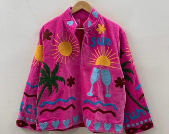 Bright Pink Velvet Suzani Short Jacket-Sun, Palm, Moon & Heart Design |Embroidered Statement Coat |  |Colorful Festival Jacket |Duster Coat