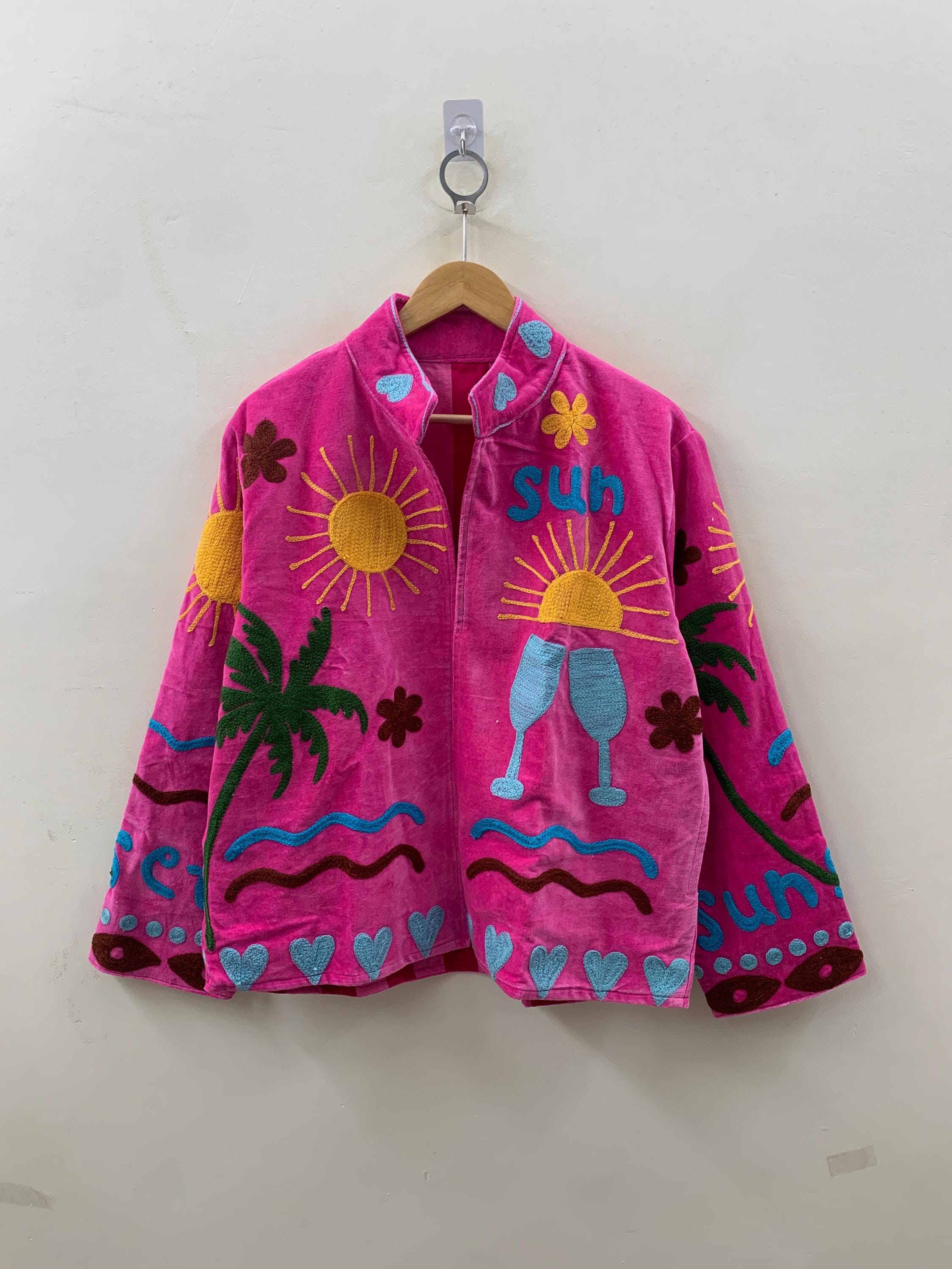 Velvet Suzani Short Jacket-sun, Palm, Moon & Heart Design