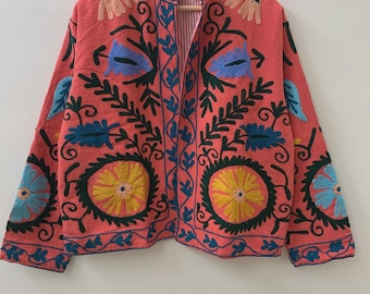 Handmade Suzani Cotton Short Coat, Women's Jacket, Indian Cotton Embroidery Coat, Suzani Cotton Boho Jacket, Gift For Her, Boho Suzani Coat
