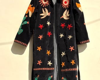 Black Suzani Velvet Kimono |Unisex Bohemian Overcoat | Vintage Kimono Jacket |Hand Embroidered Winter Wear Kimono Jacket | Bohemian Overcoat