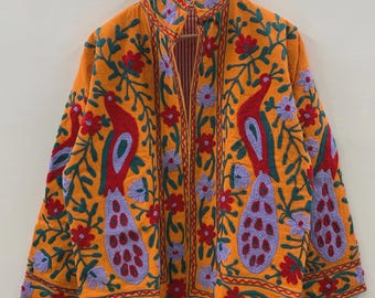Handmade Cotton Suzani Jacket | Boho Embroidered Coat | Ethnic Floral Peacock Jacket | Colorful Festival Clothing | Bohemian Outerwear |Gift