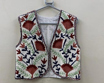 Vintage Suzani Embroidered Vest | Handmade Boho Floral Waistcoat | Uzbek Suzani Jacket | Festival Layering Vest | Gift for Her