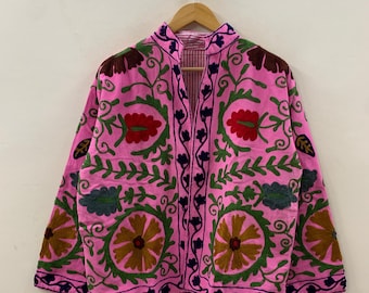 Kort Suzani-jack van bohokatoen – Geborduurde vintage jas – Tribal Festival-kimonojack | Cadeau voor haar | Stofdoek | Chique bomberjas