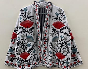 Suzani Velvet Jacket | Embroidered Cropped Coat | Vintage Jacket | Winter Outerwear | Uzbek Style Jacket | Festival Coat | Gift for Her