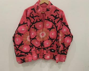 Red TNT Fabric Suzani Short Jacket | Embroidered Boho Jacket | Vintage Uzbek Textile | Floral Bomber Coat | Bohemian Outerwear |Gift For Her