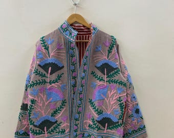 Suzani Embroidered Velvet Winter Jacket | Handmade Short Festival Coat | Ethnic Bohemian Outerwear | Winter Kimono Jacket | Gift For Wife