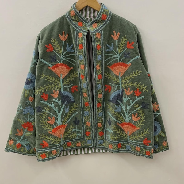 Giacca con ricamo floreale in velluto Suzani / Giacca spolverino Suzani / Giacca kimono invernale / Cappotto bomber, regalo per lei / Giacca street fashion