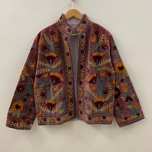 Suzani Embroidered Velvet Winter Jacket | Handmade Short Festival Coat | Ethnic Bohemian Outerwear | Winter Kimono Jacket | Gift For Wife
