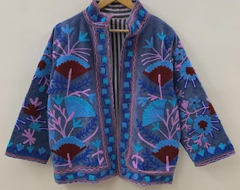 Boho Suzani Samt Kimono Jacke | Bestickte Jacke | Vintage Tribal Oberbekleidung | Kurzmantel | Winterkleidung | Geschenkidee für Sie