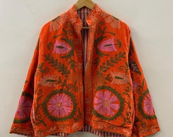 Red Embroidered Velvet Suzani Duster Jacket | Indian Style Coat  | Unisex Jacket | Bridesmaid Winter Jacket | Kimono Jacket, Bomber Jacket